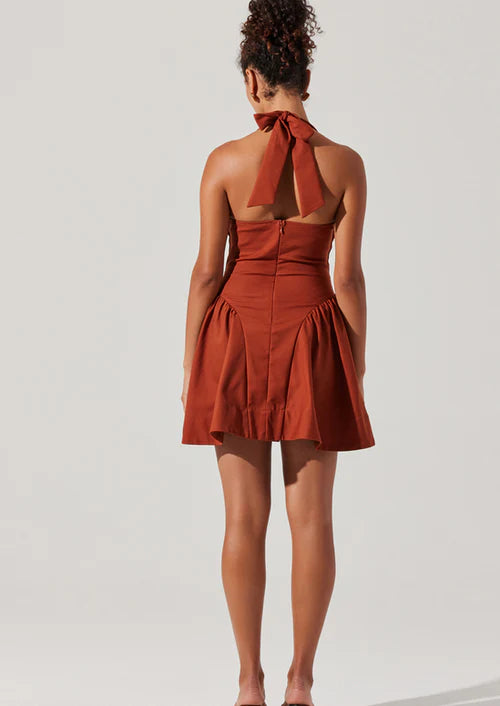ASTR the Label | Meana V-Neck Halter Mini Dress in Brown | Size XS