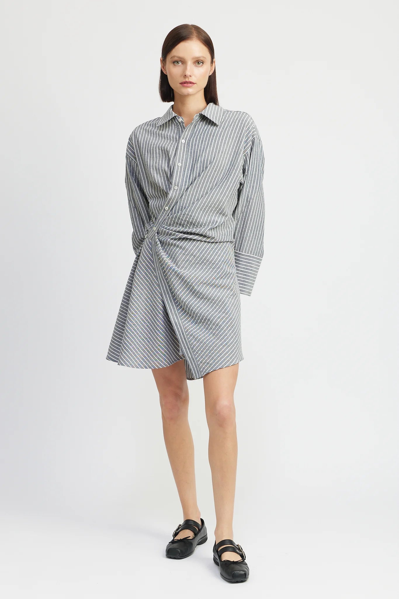 En Saison JJ Stripe Long Sleeve Cotton Blend Mini Shirtdress in Navy at Nordstrom, Size X-Small