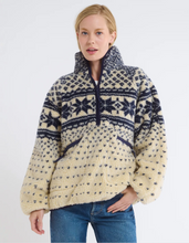 Load image into Gallery viewer, Woman wearing a patterned nordic sherpa fleece on a white background