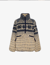 Load image into Gallery viewer, Beige fleece jacket with blue pattern on a white background