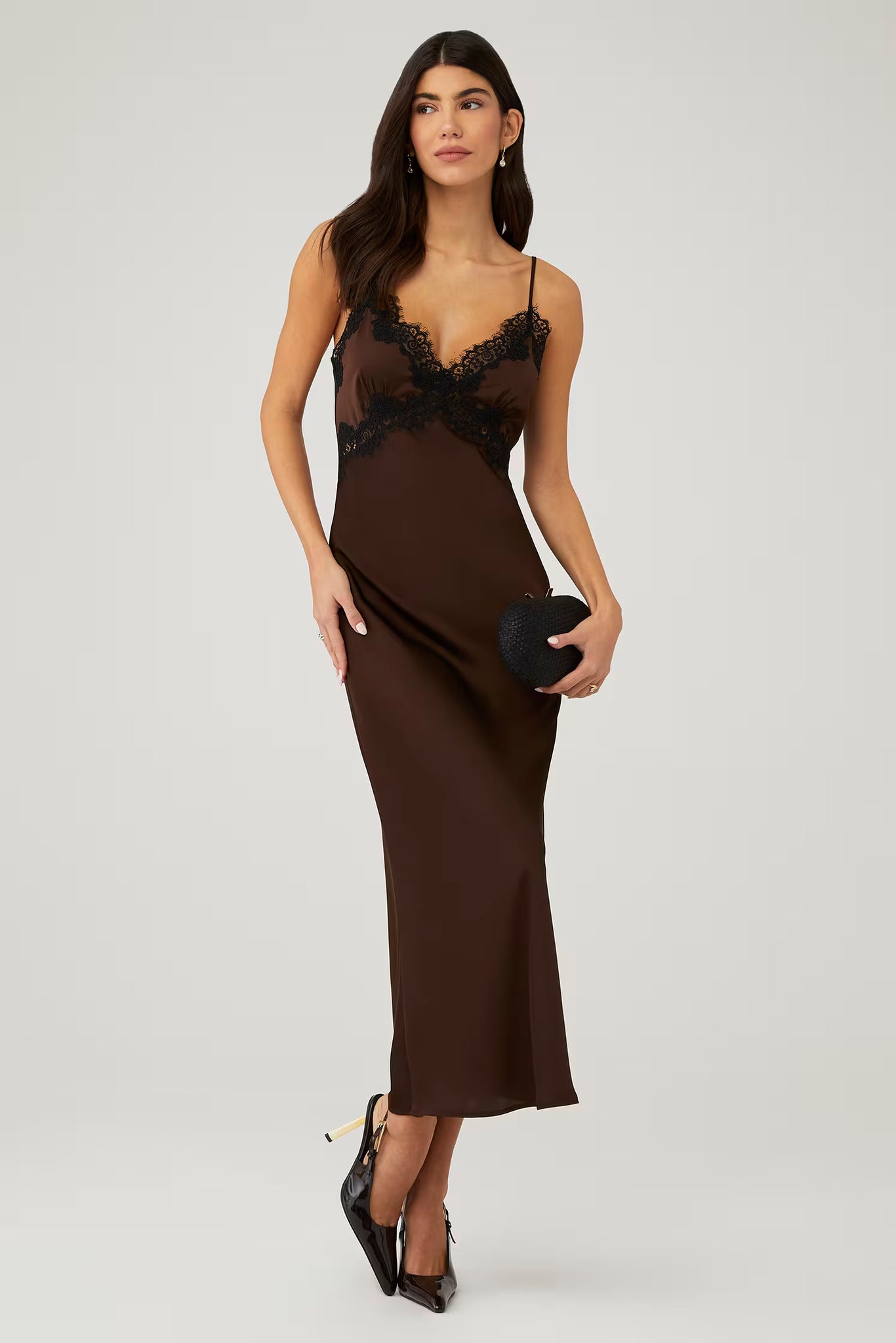 ELODIE Evy Satin Slip Dress CHOCOLATE / S